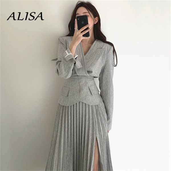 

korean elegant blazer suits women fashion minimalist coats + high waist pleated skirt outfits woman office skirts 220323, White