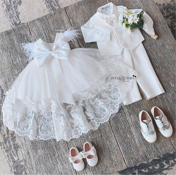 Abiti da ragazza Summer Princess Infant Neonate Abito da battesimo Maniche a volant Solido Pizzo Floreale Indietro Bowknot Tutu Cappelli OutfitGirl's