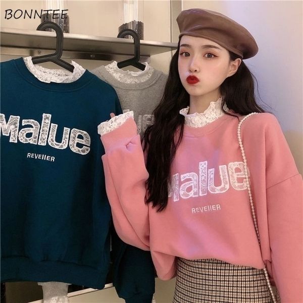 

hoodie round neck with lace sweet temperament long sleeve womens students korean style letters comfortable female stylish y200915, Black