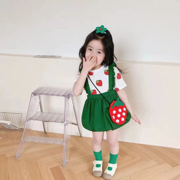 

kid girl casual clothing sets waist +greeb suspender skirt and bag set 100-140cm fashion designer boutique clothes wholesale 2022, White