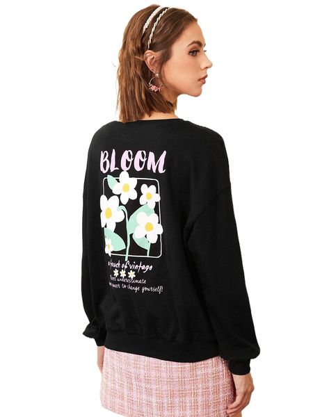 

slogan and floral print drop shoulder pullover k6l9#, Black