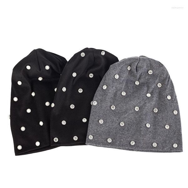 Beanie / Skull Caps 2022 Estilo Coreano Pearl Dot Beanie para Mulheres Chapéu Stretch Baggy Chapéus Moda Beanies Gorros Soft Warmer Algodão Bonnet Delm2