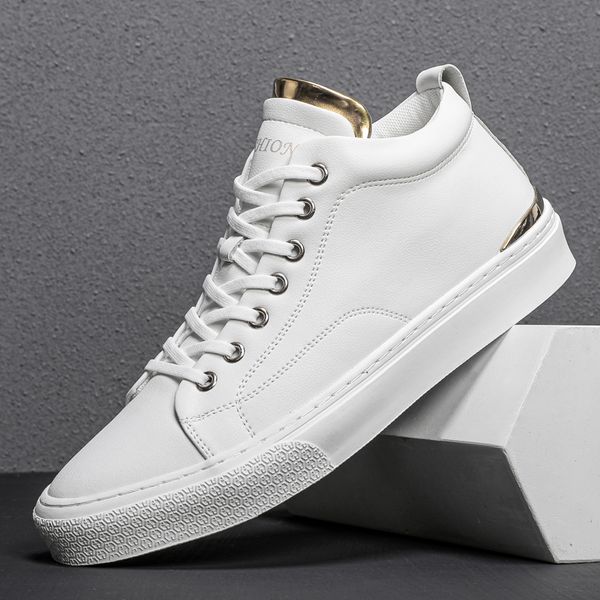 

men shoes casual leather brand white high laces up fashion breathable leather school shoes skate shoes comfy sneakers sports, Black