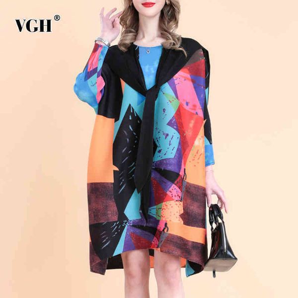 

loose print geometric dress for women o neck long sleeve hit color casual dresses female fashion clothing spring 210507, Black;gray