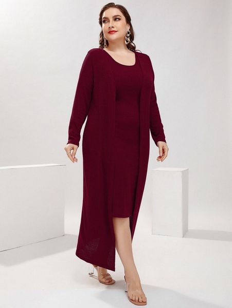 

plus ribbed knit bodycon dress & open front coat i21x#, Black