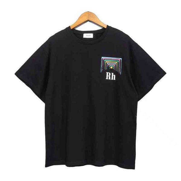 

2022 summer fashion brand rhude short sleeve cigarette box square array abstract color tunnel printed loose casual t-shirt 651941, White;black