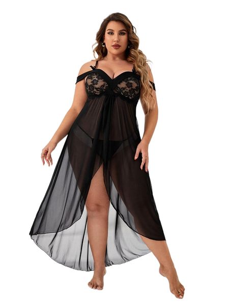 

plus mesh contrast lace cold shoulder dress with thong l6r1#, Black;white