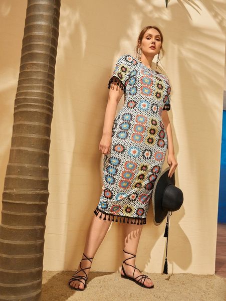 

plus floral print fringe trim slit hem dress v597#, Black