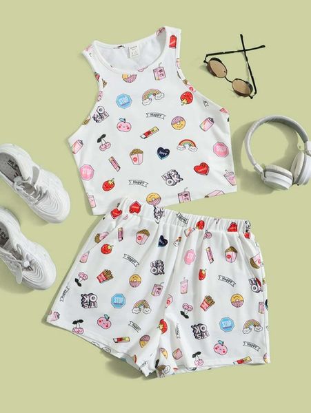 

teen girls cartoon & slogan pattern tank & track shorts she, White