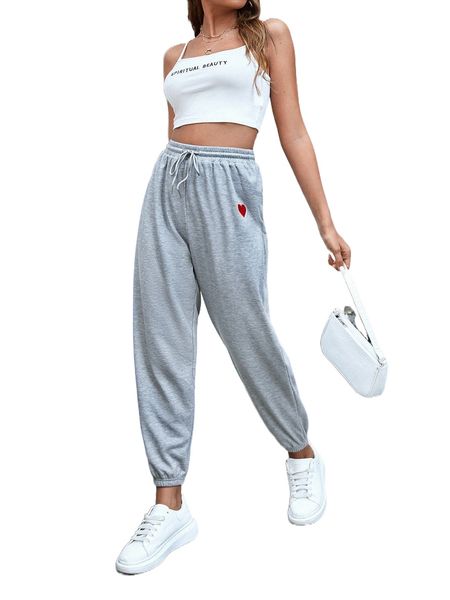 

heart embroidery drawstring waist sweatpants x17d#, Black;white