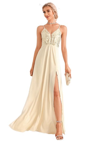 

contrast sequin split thigh cami bridesmaid dress 18us#, White;black