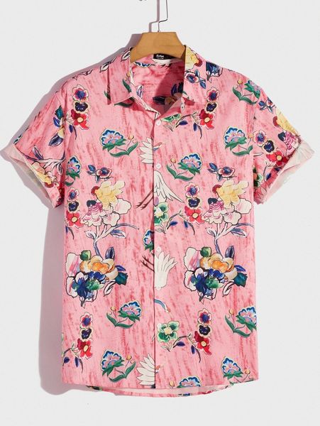 

romwe guys floral & crane print shirt g9ya#, White;black