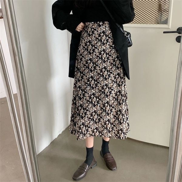 

autumn print casual fashion for women spring summer elegant female vintage aline skirt 210311, Black
