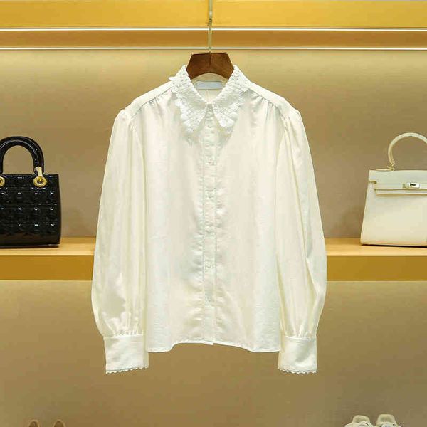

omen's polos s family french shirt female spring women's wear lapel lantern sleeve shirt, White