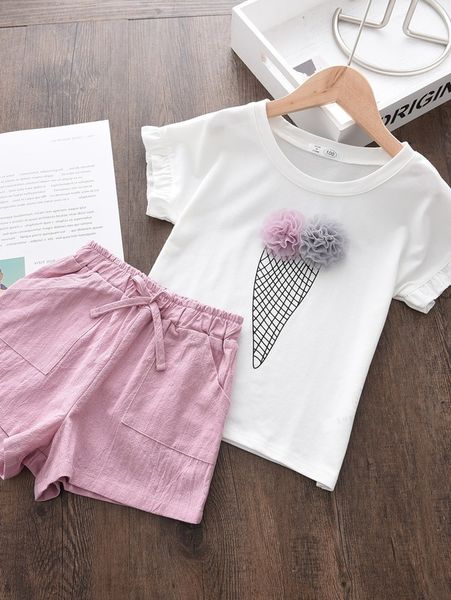 

little girl's flounced gauze pasted t-shirt with shorts she01, White