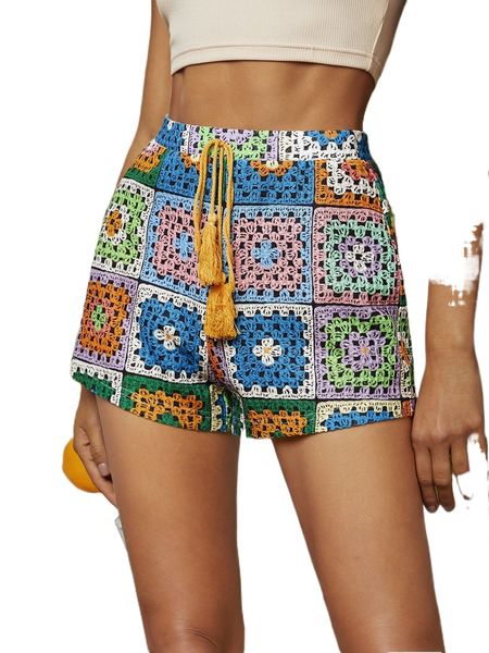 

patchwork print tie front straight leg shorts p67o#, White;black
