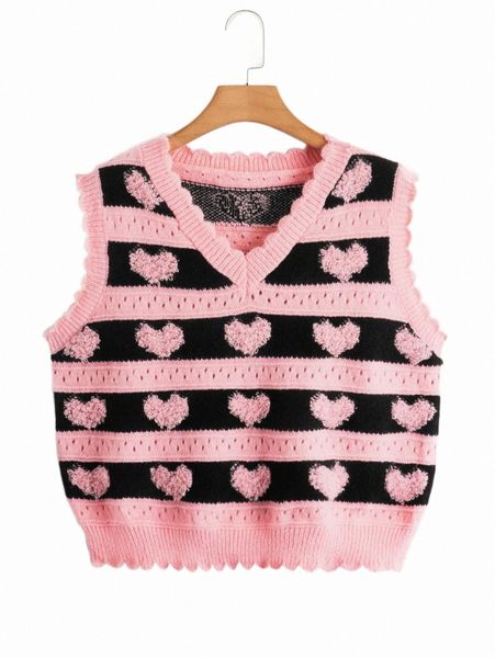 

plus striped & heart pattern scallop trim pointelle knit sweater vest x37t#, Black