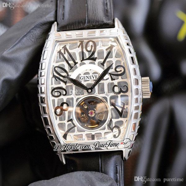 

black croco 8880 3d tattoo cracking automatic tourbillon mens watch silver dial black number markers leather strap puretime a1, Slivery;brown