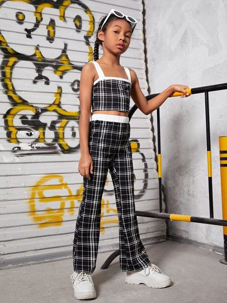 

girls plaid contrast trim crop cami & flare leg pants she, White