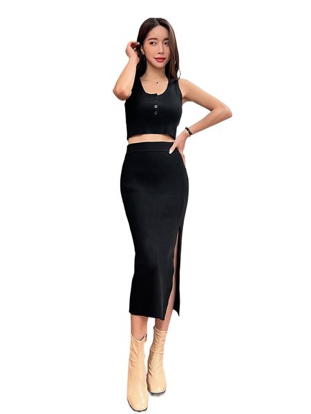 

dazy half button knit & split thigh knit skirt z6lu#, White;black