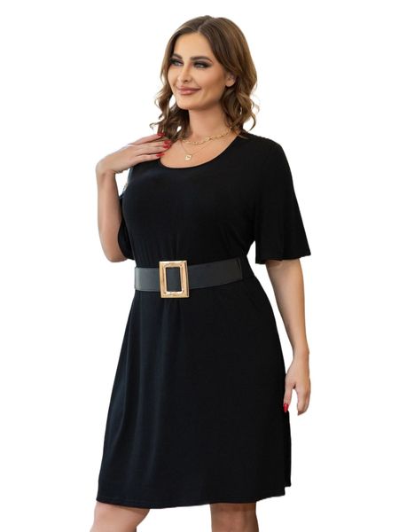 

aamilife plus round neck dress without belt k0bp#, Black