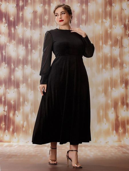 

plus swiss dot lantern sleeve velvet dress w6k5#, Black