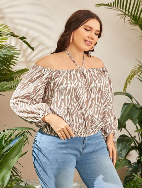 

plus zebra striped print halterneck k4o6#, Black