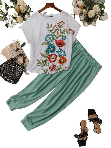 

plus floral print tee & pants 25y7#, Black