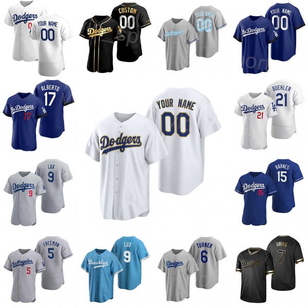 

2022 baseball 15 austin barnes jersey 17 hanser alberto 21 walker buehler 7 julio urias 81 victor gonzalez 6 trea turner team blue grey whit, Blue;black
