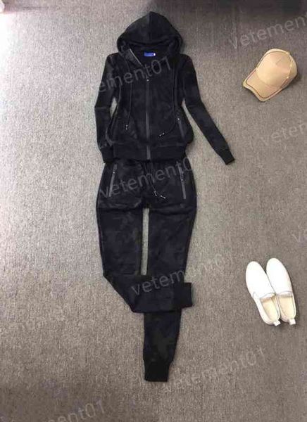 

womens two piece pants fashion brand zippered cardigan pocket trim hooded jacket with black pants 2 piece sets luxury designer tracksuits 09, White