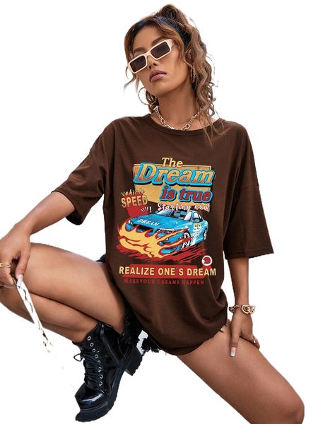 

car & slogan print drop shoulder tee h1gp#, White
