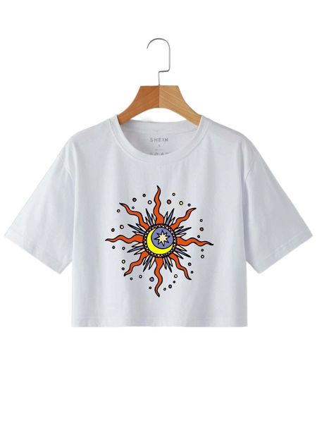 

sun and moon print crop tee z2dq#, White