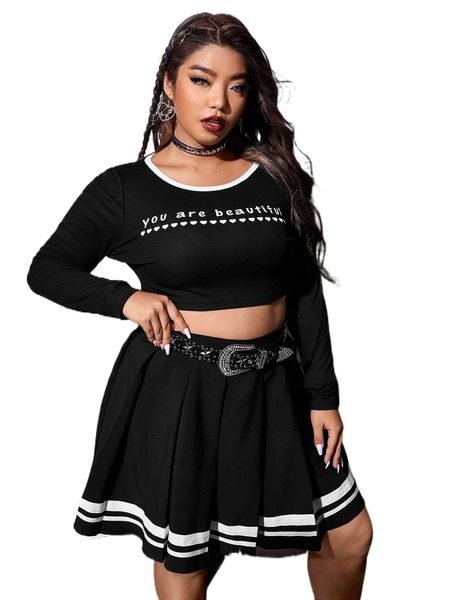

plus slogan graphic contrast binding crop tee & striped pleated skirt without belt g9ng#, Black