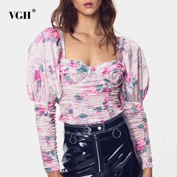 

elegant print womens shirts square collar puff long sleeve hollow out backless lace up ruched blouses female style 210507, White