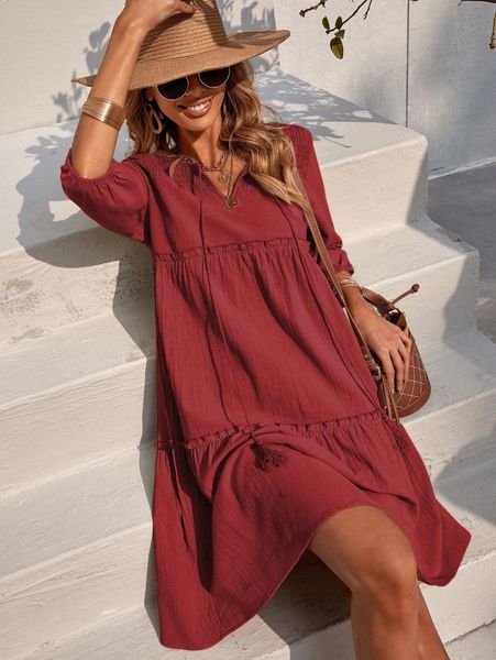 

shirred tassel detail ruffle hem smock dress s85d#, Black;gray