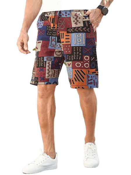 

men random geo print drawstring waist shorts 56sx#, White;black
