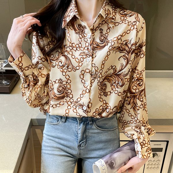 

regular collar long sleeves chain pattern balloon puff sleeves ladies button shirts full sleeves female shirts women, White