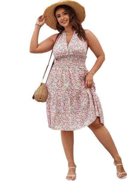 

plus ditsy floral shirred waist tie backless ruffle hem dress h4dy#, Black