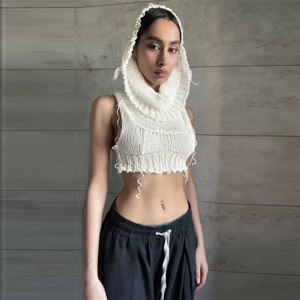 

women's sweaters hooded sleeveless crop knit sweater in solid color, White;black
