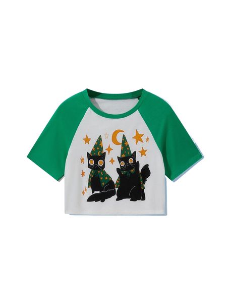 

romwe x libbyframe cat graphic colorblock crop tee s989#, White