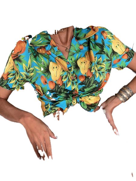 

fruit print drop shoulder blouse d90n#, White