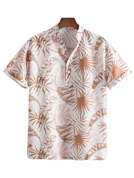 

men random tropical print half button shirt b2xx#, White;black