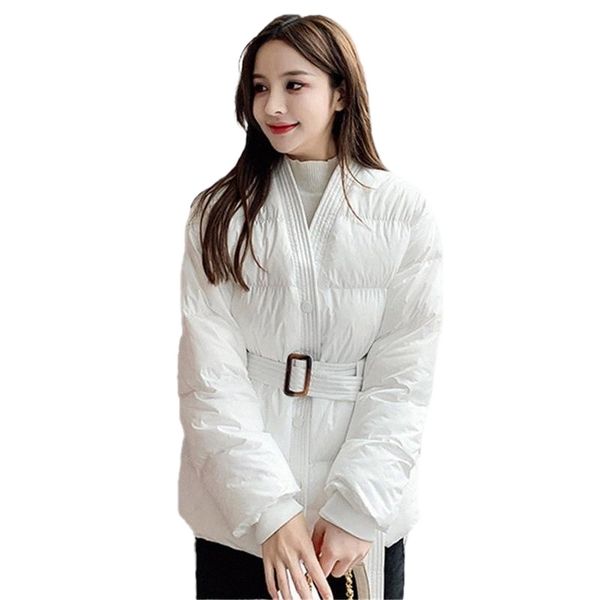 

women's down & parkas winter 2021 style v-neck fashion simple single-breasted belt waist slim cotton short coat women polyester solid n, Black