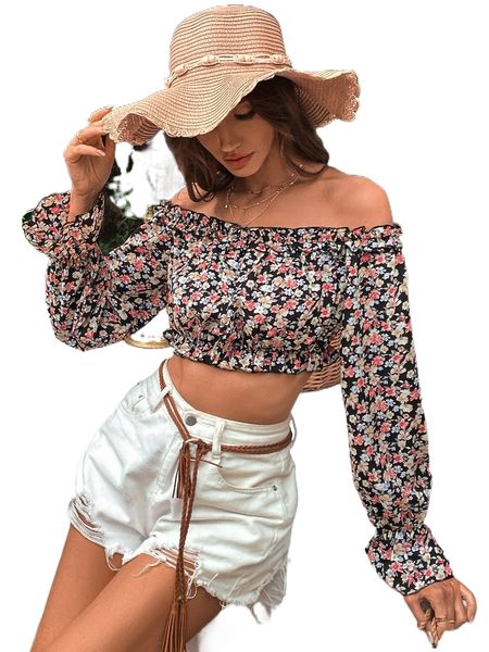 

allover floral print off shoulder ruffle trim flounce sleeve crop n3i3#, White