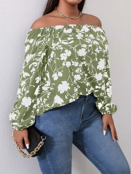 

plus floral print off shoulder bishop sleeve blouse j70i#, Black