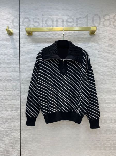 

women's sweaters designer 2022 spring / summer women's casual and versatile black white diagonal stripe polo wool loose knit sweat, White;black
