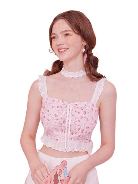 

kawaii cartoon graphic gingham eyelet embroidery crop 23ip#, White