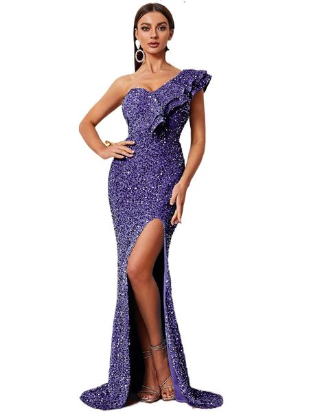 

missord one shoulder tiered layer split thigh sequins prom dress e6xq#, Black;gray