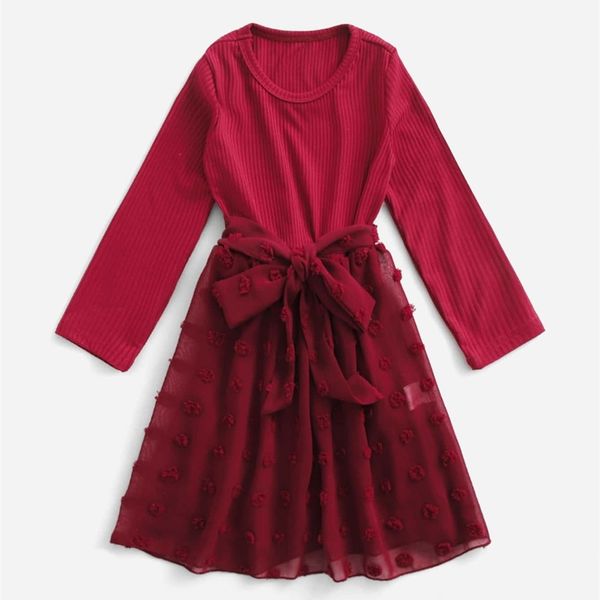 

little girl 1 group dot belt dress she, Red;yellow