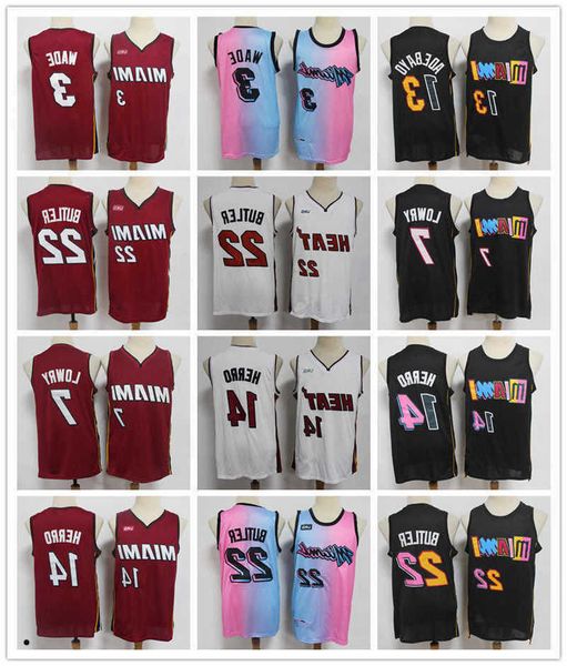 

miami''heat''men throwback jerseys dwyane 3 wade tyler 14 herro jimmy 22 butler kyle 7 lowry basketball shorts basketbal, Black;red